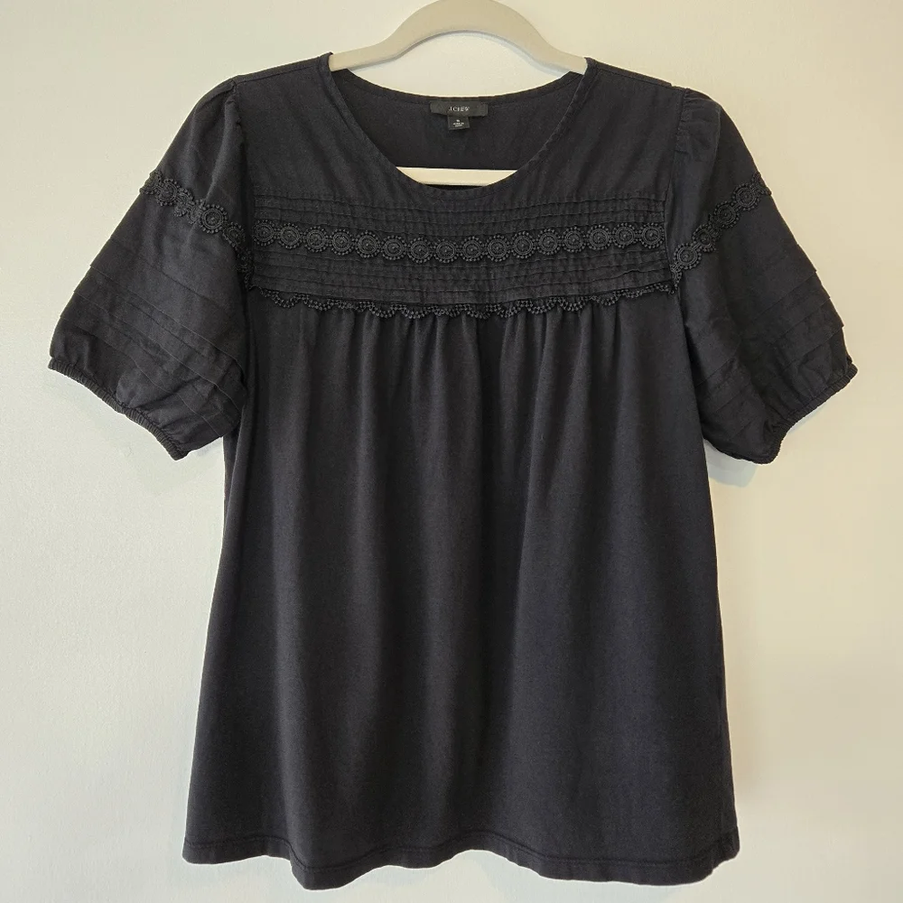 J. Crew Black Pintucked Puff Sleeve Peasant Prairie Blouse Top Size Small